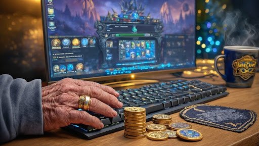 Close-up of a gamer's hand on a keyboard next to stacks of gold coins and a World of Warcraft mug, with the game displayed on the monitor in the background.
