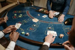 Poker playing at a casino.