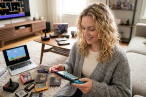 A high-angle photograph looking down at a curly-haired blonde woman on a living room rug, holding a modern handheld console, surrounded by both vintage joysticks and retro cartridges, demonstrating cross-platform play possibilities.
