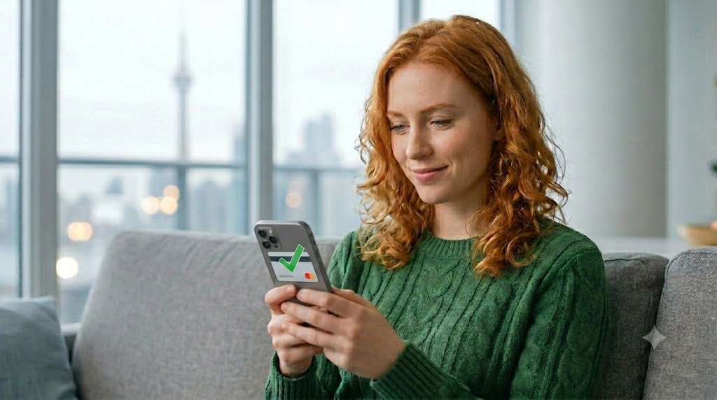 A close-up stock photo of a woman with red, curly hair in a green sweater on a grey sofa, looking intently at her phone screen which displays a green success graphic and a generic financial icon (without visible text), smiling softly. The view of a blurred city is in the background.