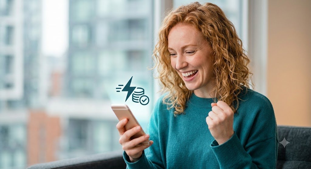 A red-haired woman with shoulder-length tight curls smiles while looking at a smartphone, accompanied by a digital graphic of a lightning bolt, stacked coins, and a checkmark.
