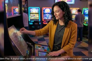 A fit woman with shoulder-length curly black hair inserts a digital token into a glowing sensor on an advanced Web3 gaming console.