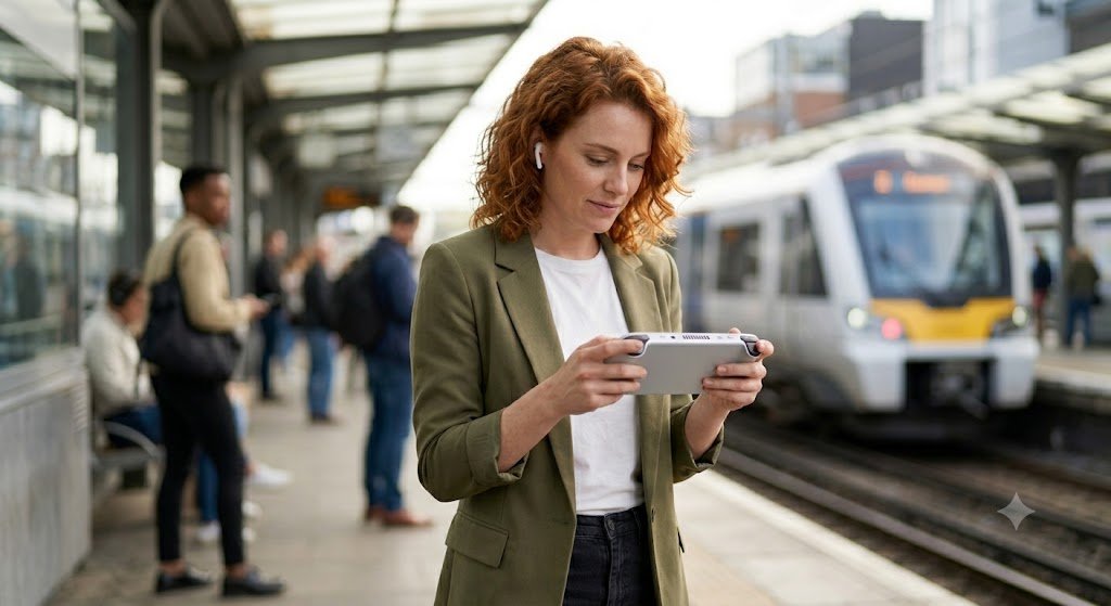 A woman engrossed in a handheld gaming PC while standing on a busy train platform.