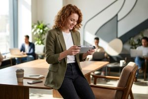 A woman focuses on a handheld gaming PC while sitting in a modern co-working space.