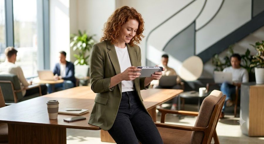 A woman focuses on a handheld gaming PC while sitting in a modern co-working space.
