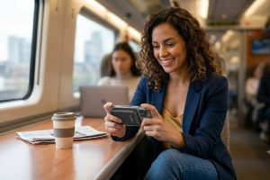 A Latina woman in a navy blue blazer smile while she is playing games on her smartphone, with a black magnetic power bank attached. She is sitting on a train, next to a coffee mug.