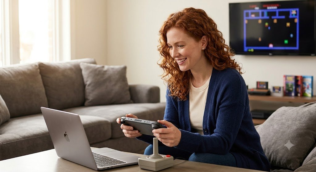 A candid photograph of a joyful, curly-haired woman with light curls comfortably seated on a couch, surrounded by both retro and modern gaming equipment, indicating a diverse home play experience.