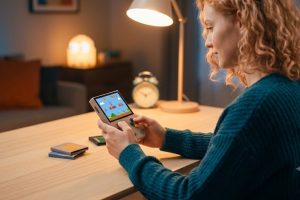 A casual-professional red-haired woman with soft curls sits at a wood desk, holding a compact retro-style handheld game console, focused on a pixel-art platformer. A cluster of stylized game cartridges rests beside her.