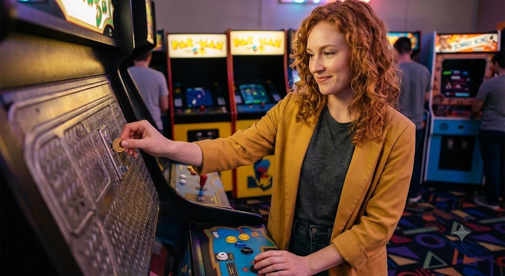 A casually dressed woman with wavy red hair inserts a token into the coin slot of a colorful classic arcade game.