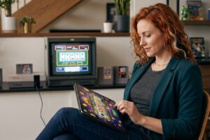 A person engaging with a digital casino application on a tablet, surrounded by classic video game consoles and a vintage television set.