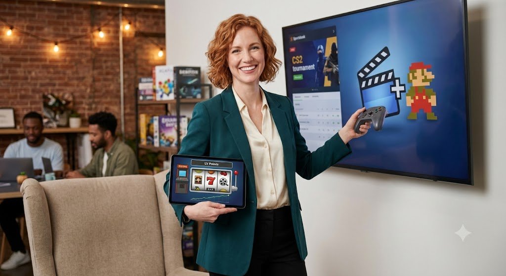 A woman stands with a tablet and game controller, with a screen in the background showing a blend of classic arcade and modern media icons.