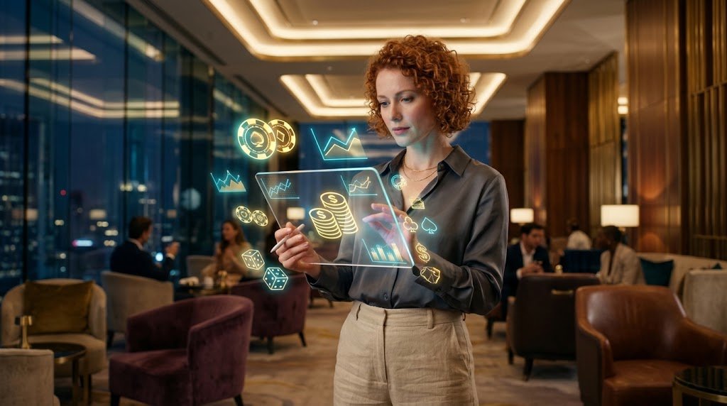 Professional analyzing virtual currency analytics and sweepstakes platform data in a modern lounge workspace.